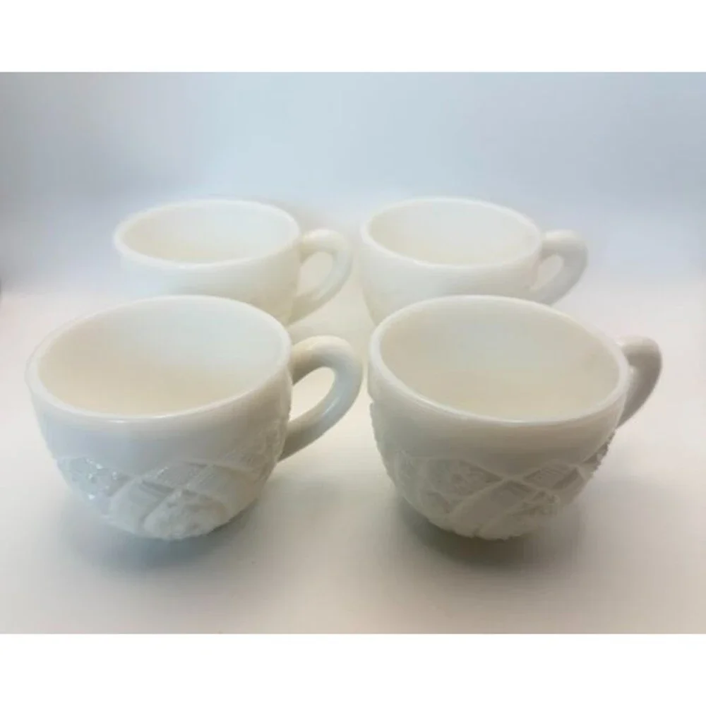 Set of 4 Vintage McKee Punch Cups White Pressed Concord Milk Glass Floral USA